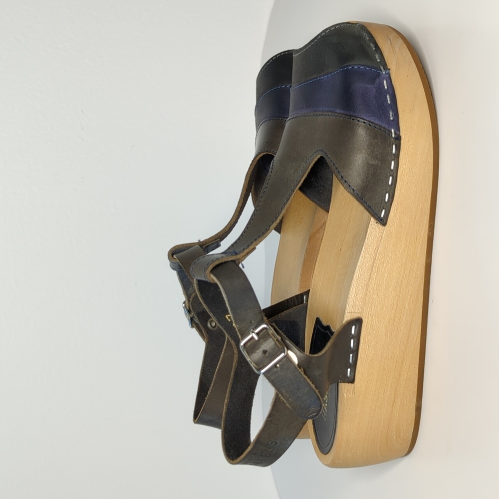 Swedish Hasbeens Blue and Gray Platform Sandals
